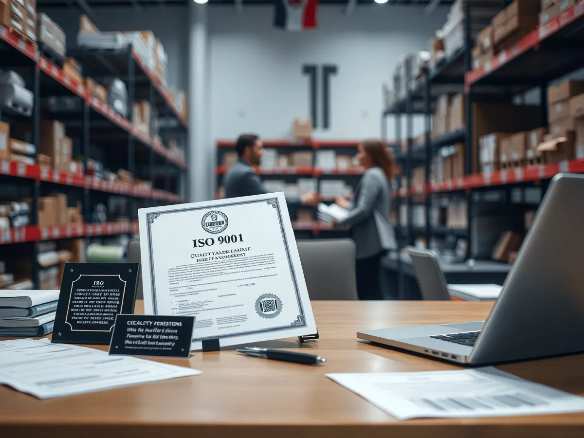 ISO 9001质量管理体系认证证书与相关文件摆放在办公桌上